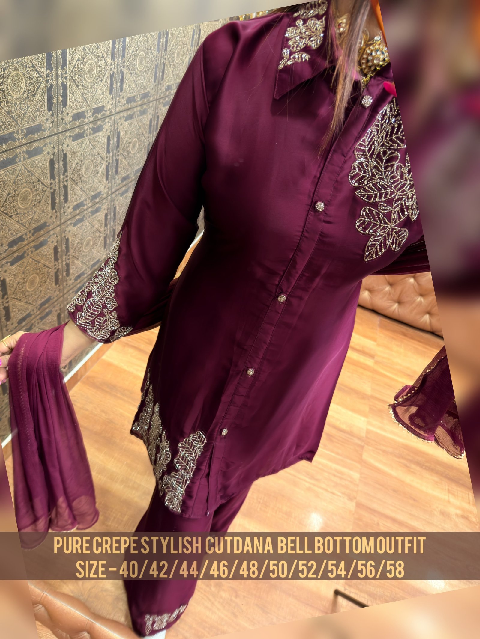 Pure Crepe Stylish Cutdana Bell Bottom Outfit thumbnail